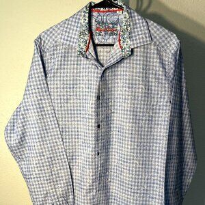 Robert Graham Blue & White Paisley/Floral Jacquard 100% Cotton Button-Up SZ Med